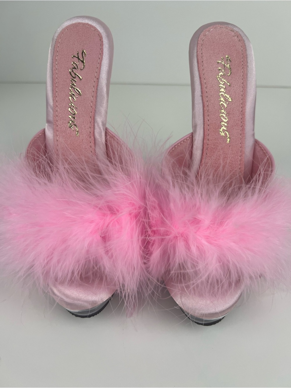 Fabulicious Pink Faux Fur Platform Heels Clear Chrome Stiletto Statement Shoes